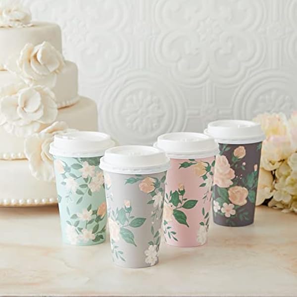 Juvale 24 Pack Vintage Bloemen Papier Geïsoleerde Koffie Bekers met Deksels, 4 Ontwerpen, 16 Ounces